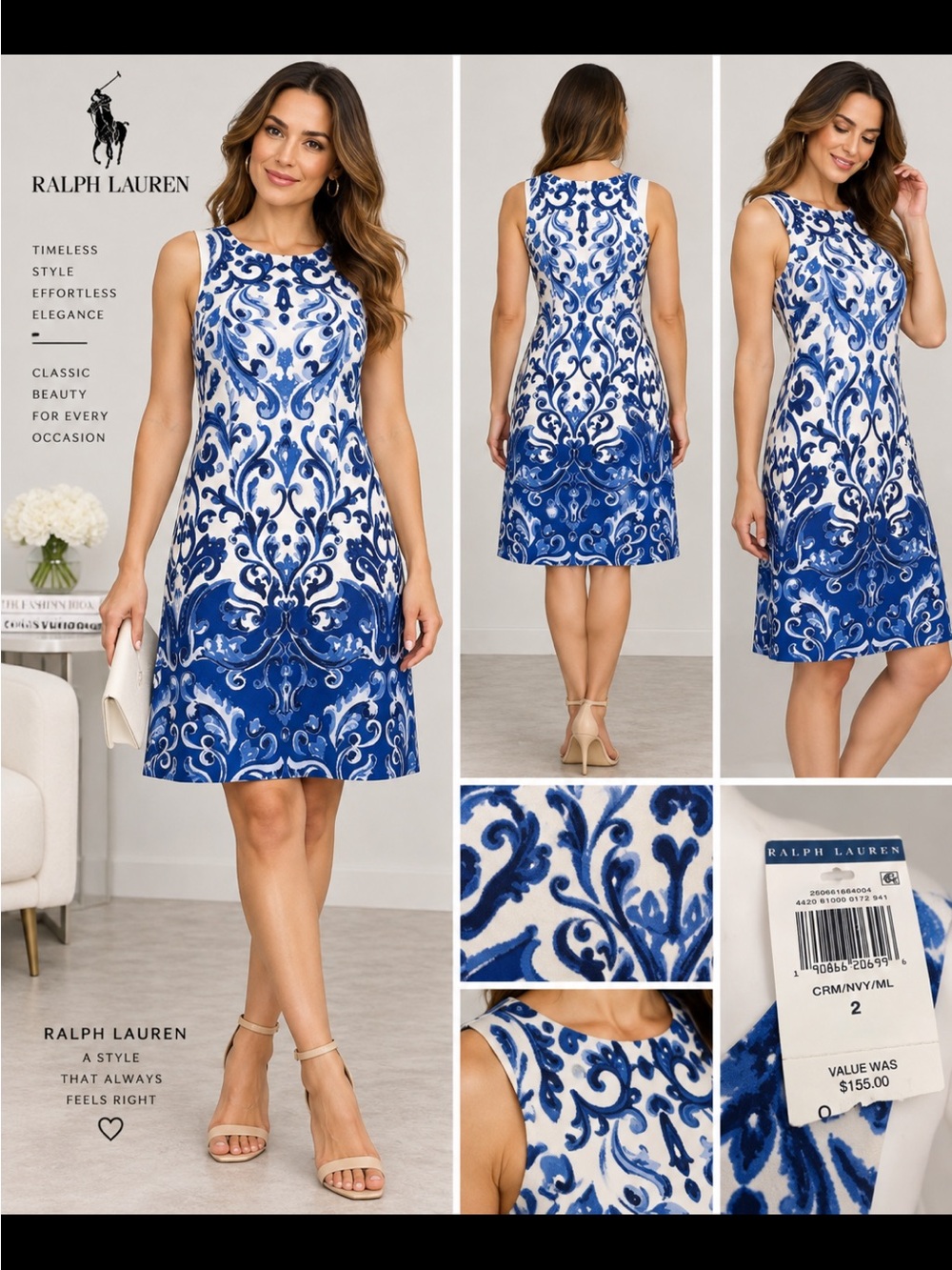 Polo by Ralph Lauren Blue & White Baroque Print Sleeveless Mini Dress